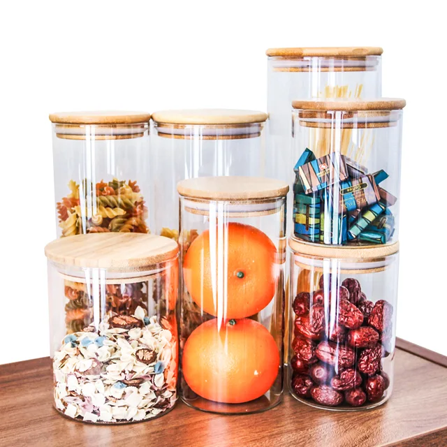 Supplier Wide Mouth Round Borosilicate Airtight Kitchen Pasta Food Spice Glass Storage Jar and Containers with Bamboo Lid
