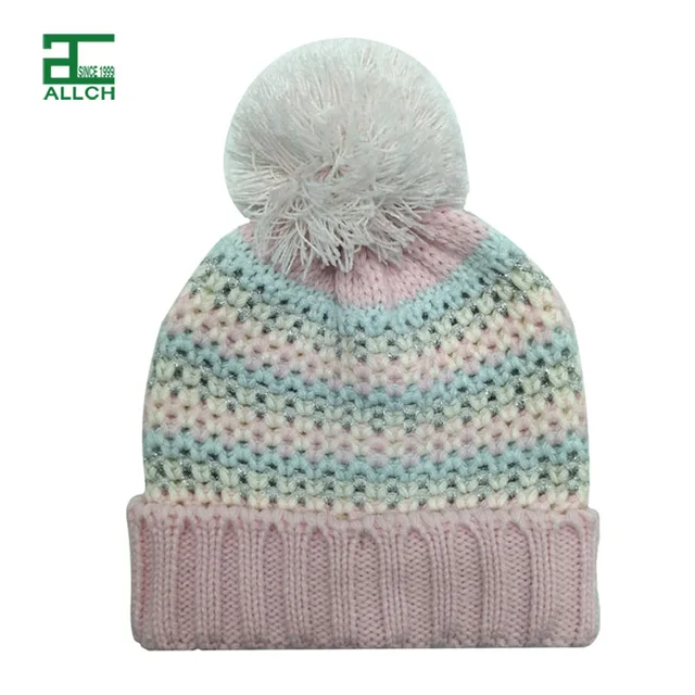 144762 Girls Waffle Beanie Hat with Pom Silver Metallic Winter Hats