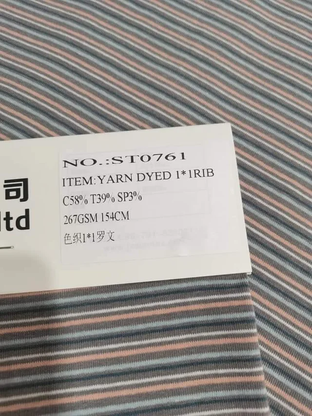 St0761 58%cotton 39%polyester 3%spandex Yard Dyed 1x1 Rib, 267gsm,width 154cm