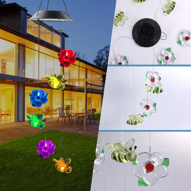 GANGES SA Solar Wind Chime Light, Solar Garden Flower Bee Wind Chime Light,