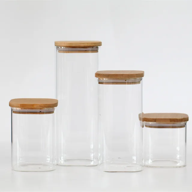 ·square high borosilicate glass storage jar with bamboo lid