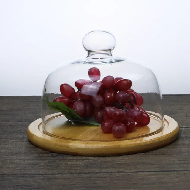 Factory Wholesale Hot Selling Crystal Glass Wooden Cake Stand with Dome Wood Cake Tray
