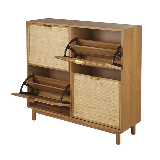 Wood Row Shoe Storage Cabinet with Nature Rattan Shoe Rack Cabinet Decorative Shoe Cabinet