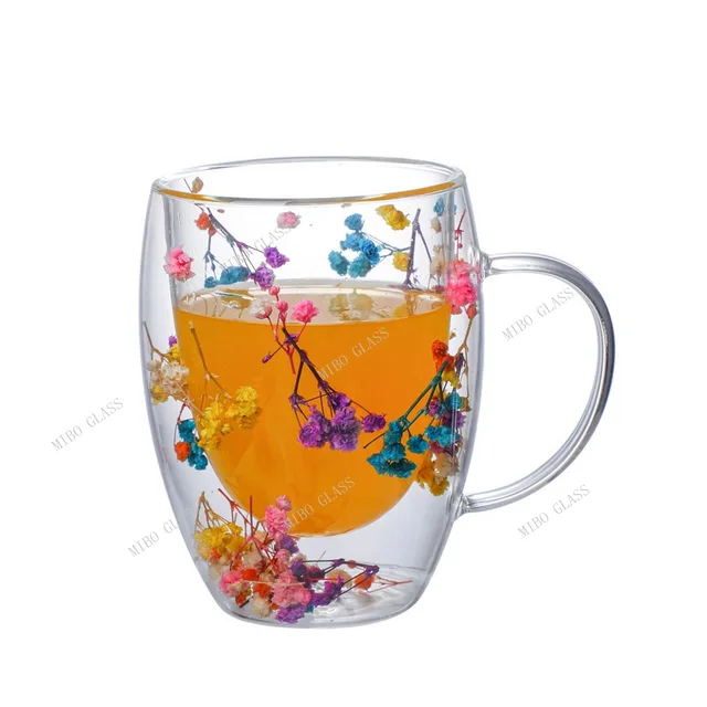Double wall coffee glass with handle,double wall coffee glass with dry flower