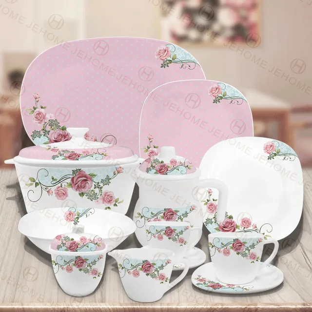 Pattern Design Opal Glassware Dinnerware Dish Plate With Opal glass Plate Bowl Set Cups