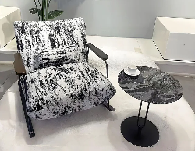 Modern Rocking Chair With PU Leather, Metal Frame, Wooden Base, Black And Cream