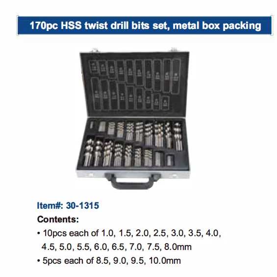170pc HSS twist drill bits set, metal box packing