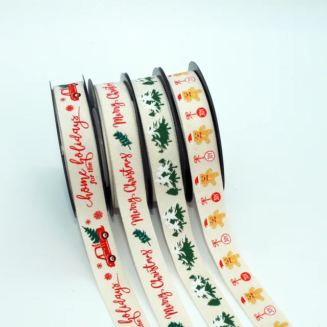 Christmas Printing Cotton Ribbon Christmas Tree Decorative Ribbon Packaging Flower Printed Ribbon
