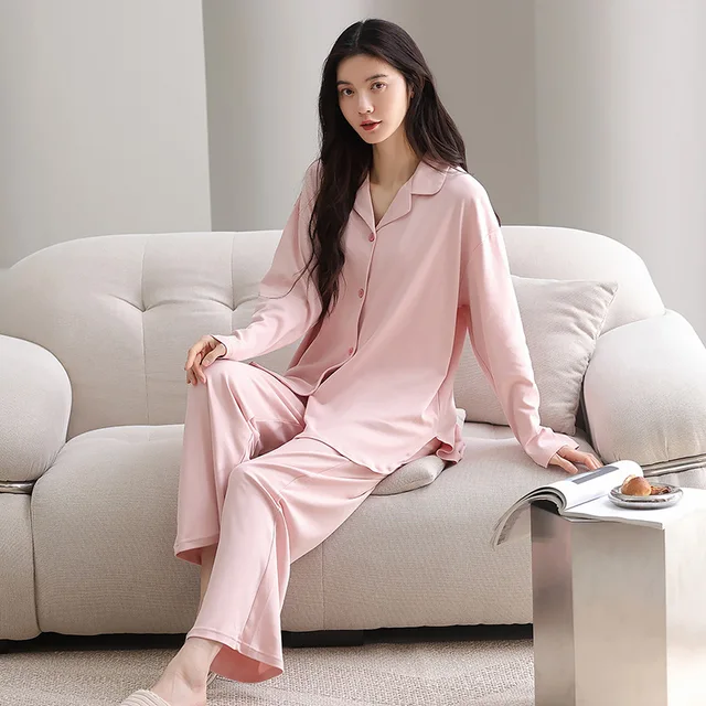 Long sleeved cardigan set made of pure cotton, suitable for casual wear and women's home wear
