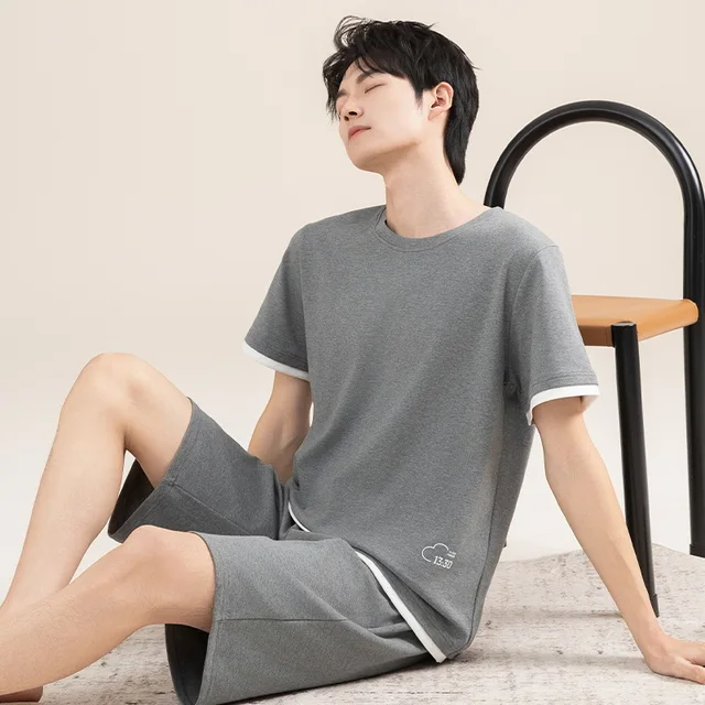 Short sleeved Korean version pure cotton men's pajamas thin and loose fit plus size home clothes