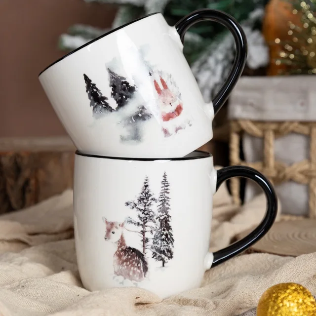 Winter Nature Ceramic Coffee Mug – Hand-Painted Forest Design, Nordic Home Style