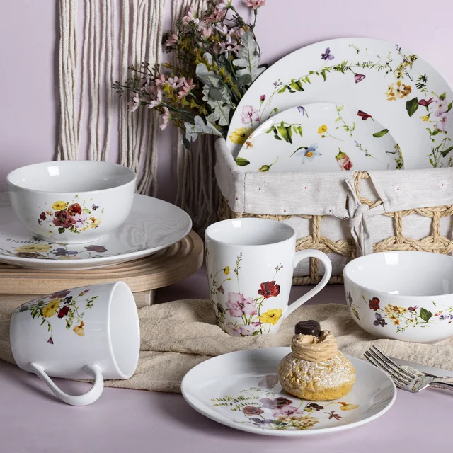 Happy Go Porcelain Tableware Set with Flower Decal, Romantic Country - style Home Tableware