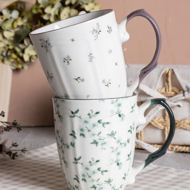 12oz White Porcelain Milk Mug with Flora Embossed Design, Full Decal, Colored Rim & Glazed Handle