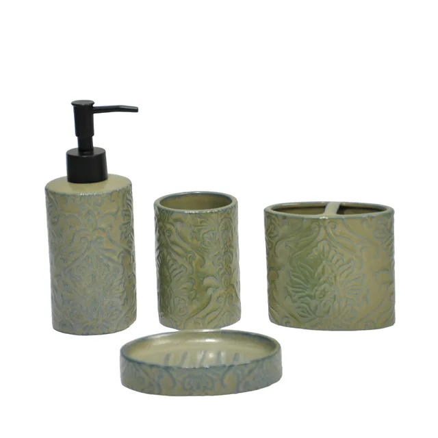 Light green retro patterned relief bathroom four-piece set