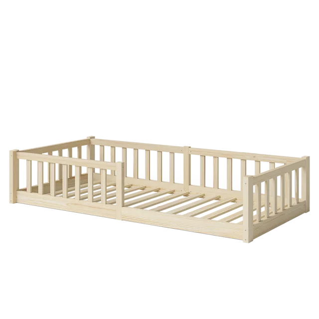 Floor bed 90x200 cm, natural, solid pine, including slatted frame and fall protection
