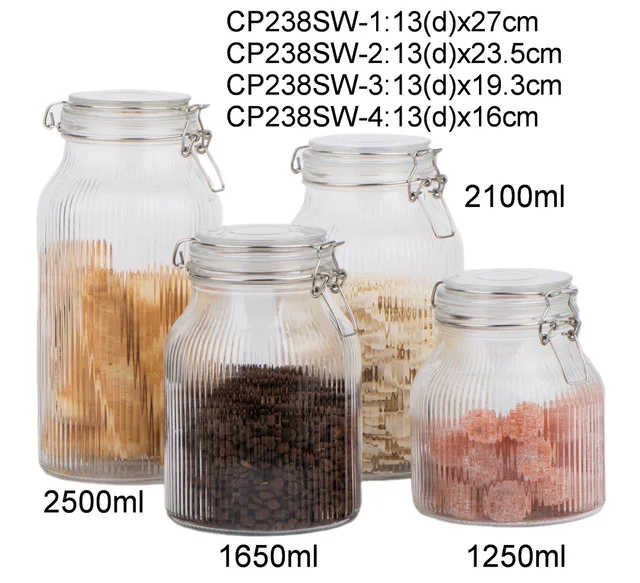 Glass food storage jar with metal clip and silicon seal ring and wooden lid