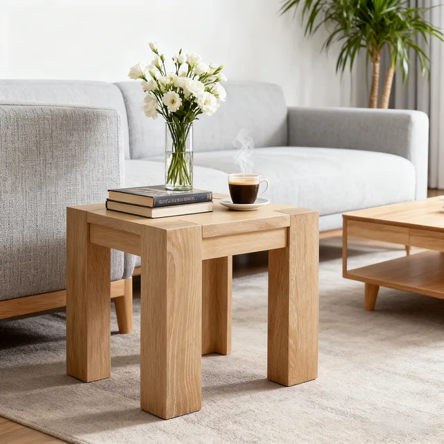 Natural Wood Square Side Table with Block Legs