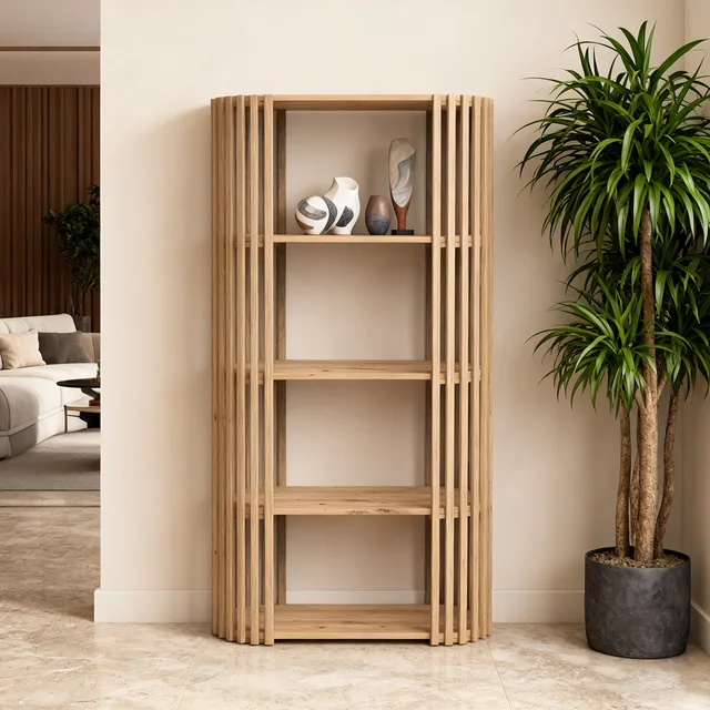 Natural Wood Open Shelf with Slatted Side Design