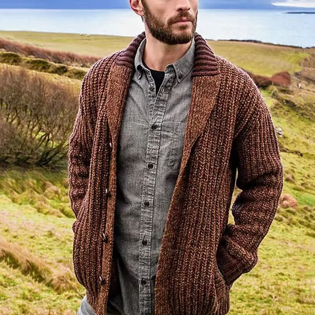 Men's Casual Plain Lapel Collar Ribbed Chunky Knit Long Sleeve Button Down Cardigan