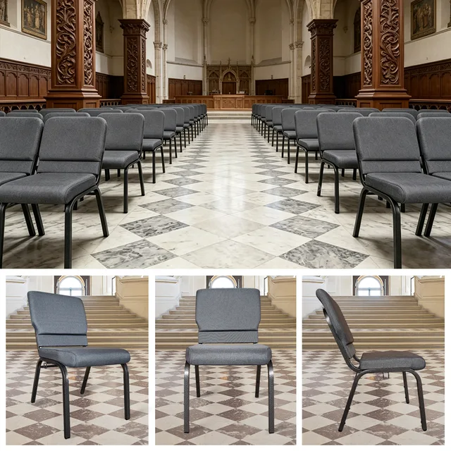 Luxury Style High Quality Steel Frame Comfortable Padded Commercial Gray Modern Church Chair